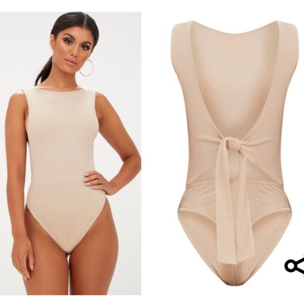 Nude bow back thong body suit.